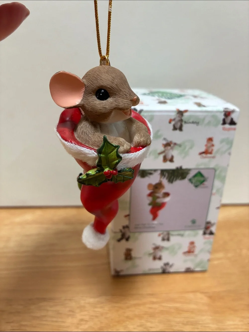 Enesco Brown Mouse in Red Stocking Ornament with White Trim and Green Holly